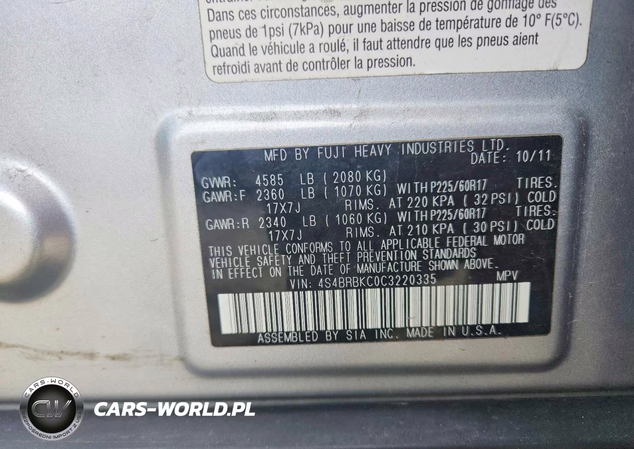 2012 Subaru Outback 2.5I Limited VIN:4S4BRBKC0C3220335 - 12