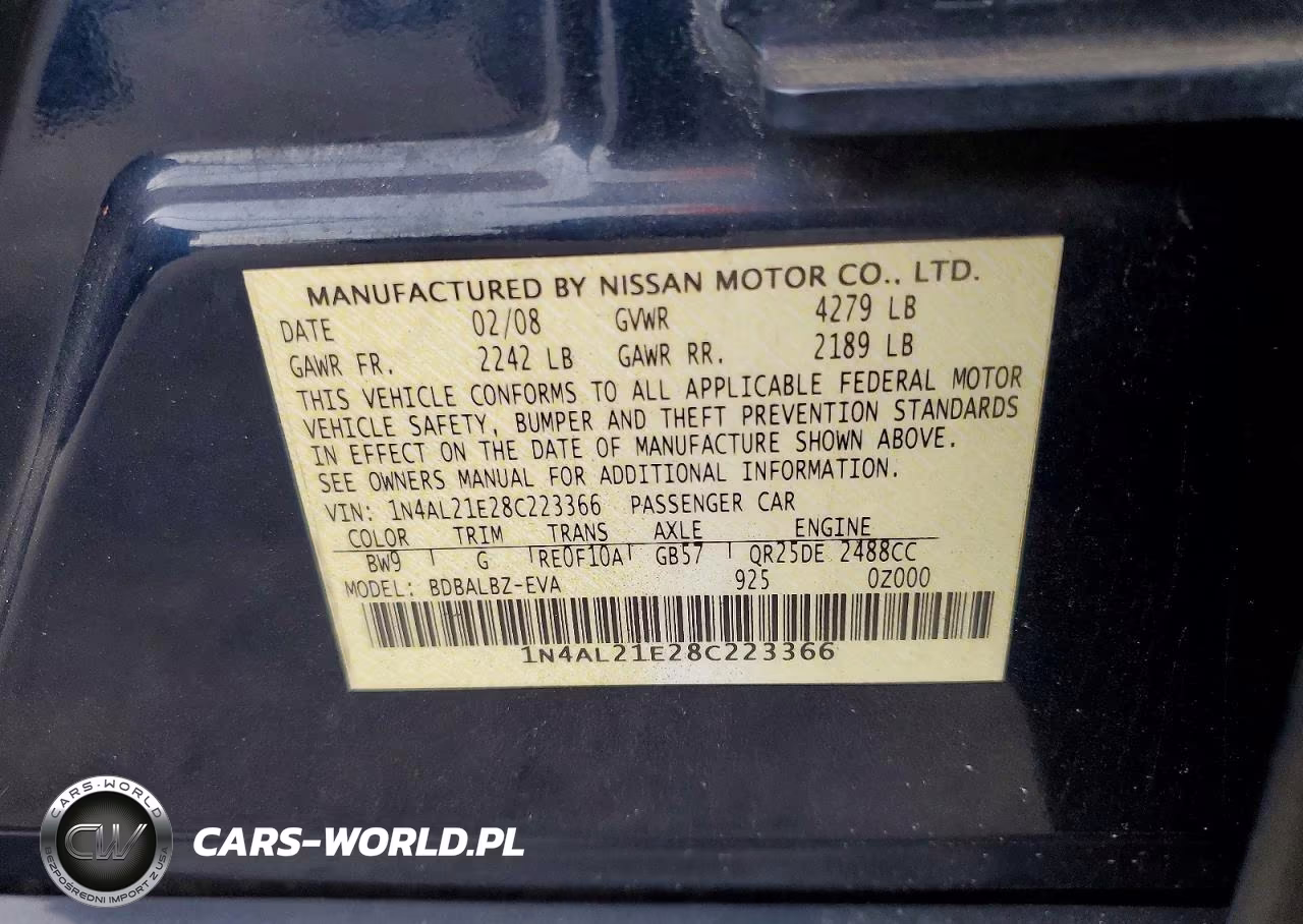 2008 Nissan Altima 2.5 VIN:1N4AL21E28C223366 - 12