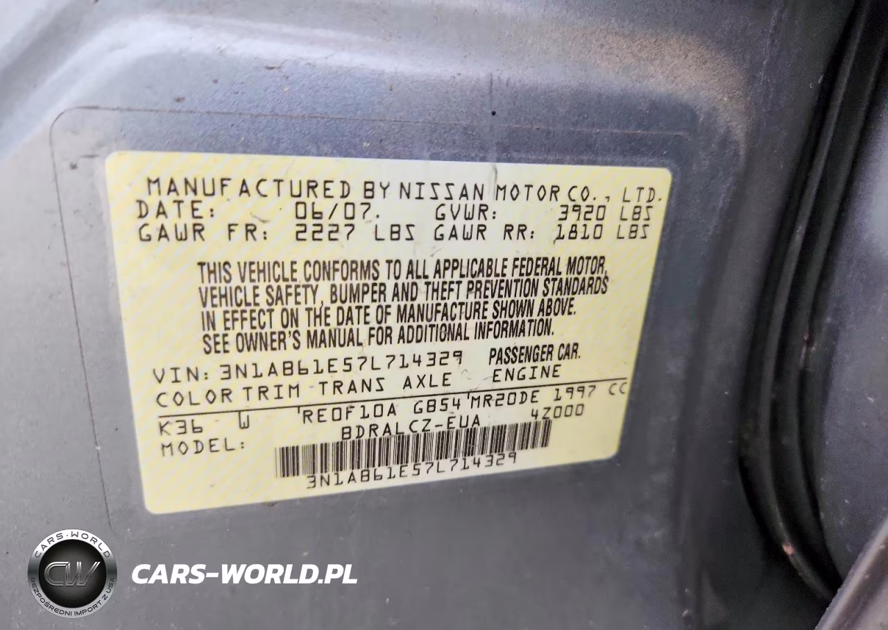 2007 Nissan Sentra 2.0 VIN:3N1AB61E57L714329 - 12