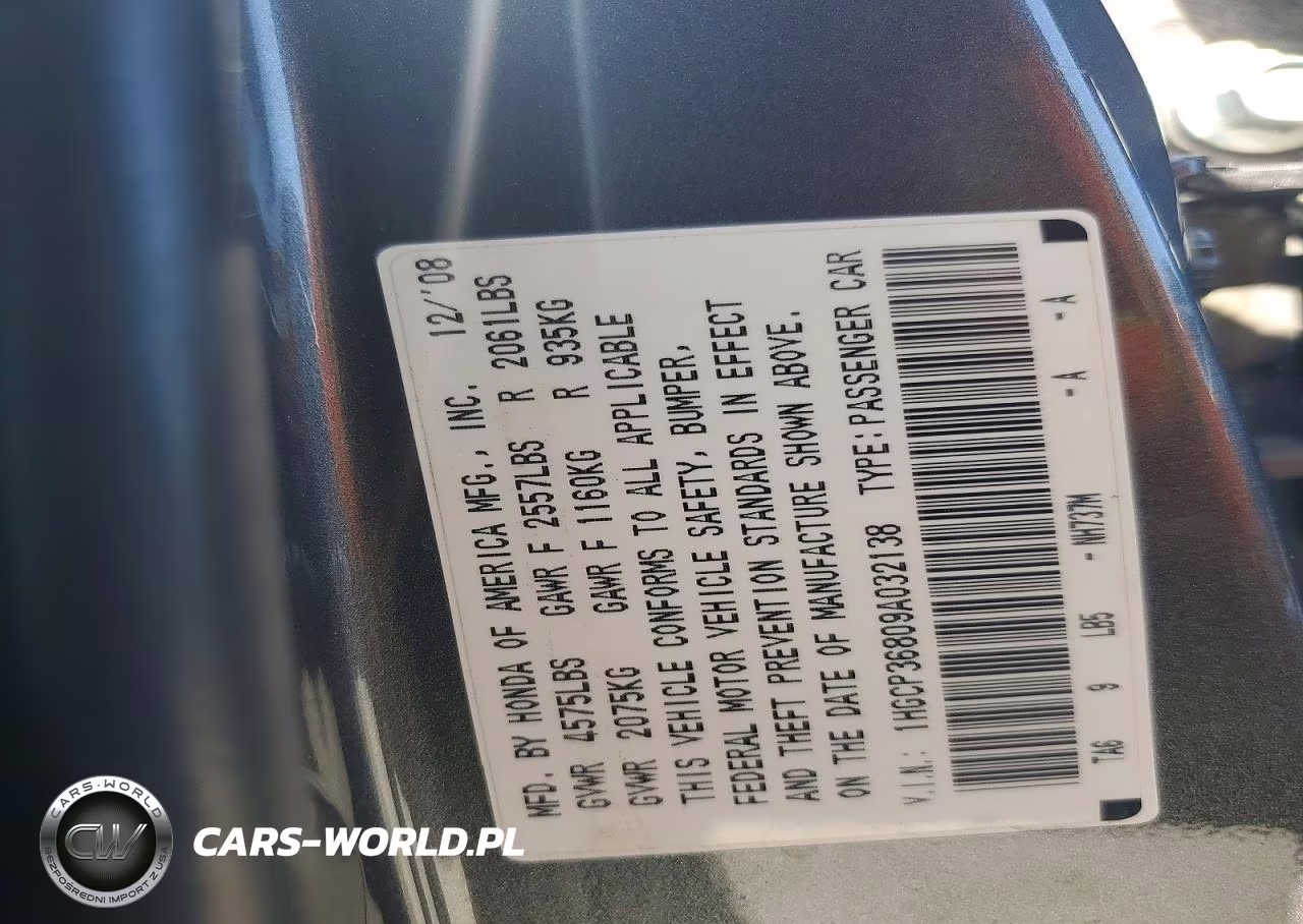 2009 Honda Accord Exl VIN:1HGCP36809A032138 - 12