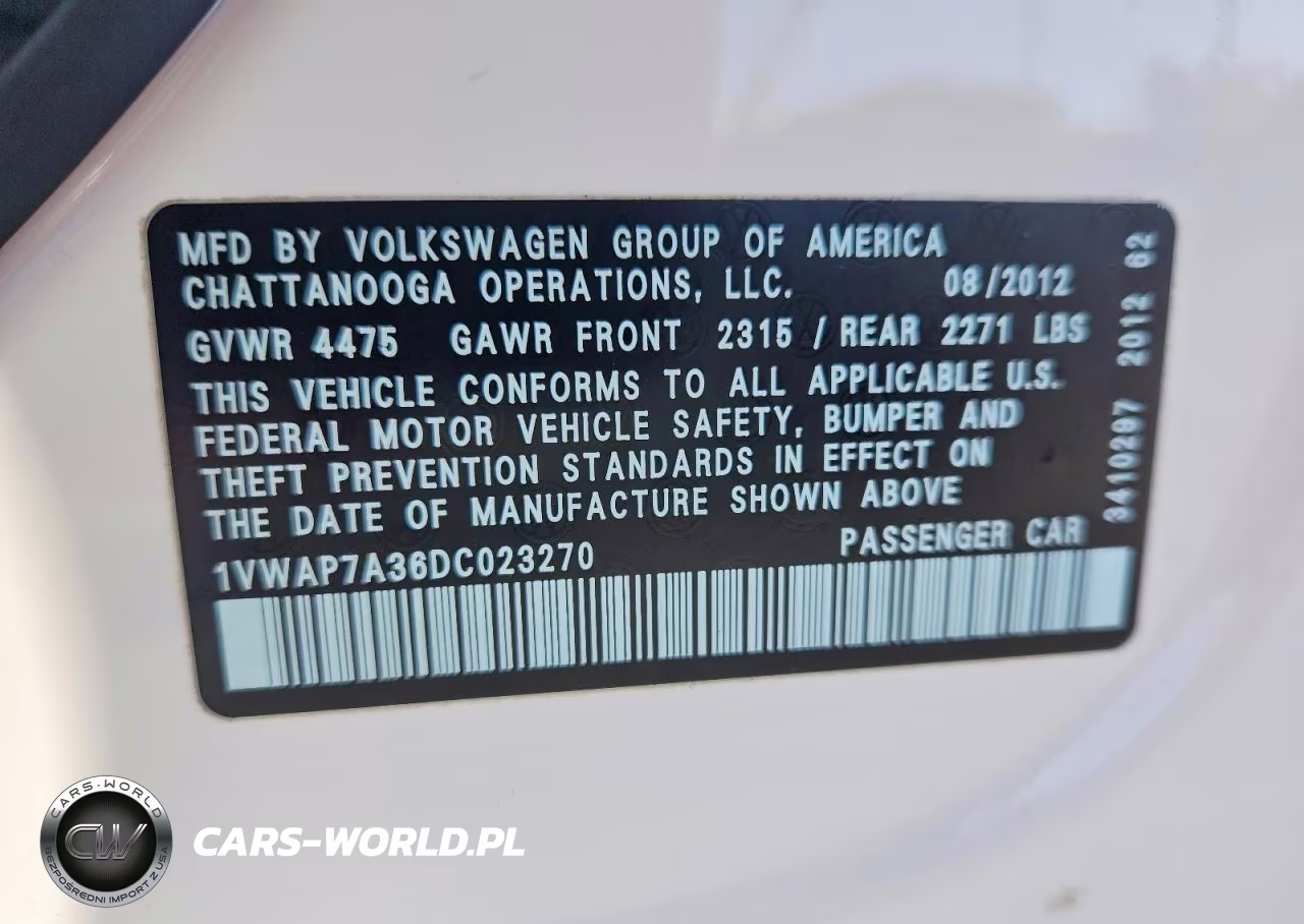 2013 Volkswagen Passat S VIN:1VWAP7A36DC023270 - 12