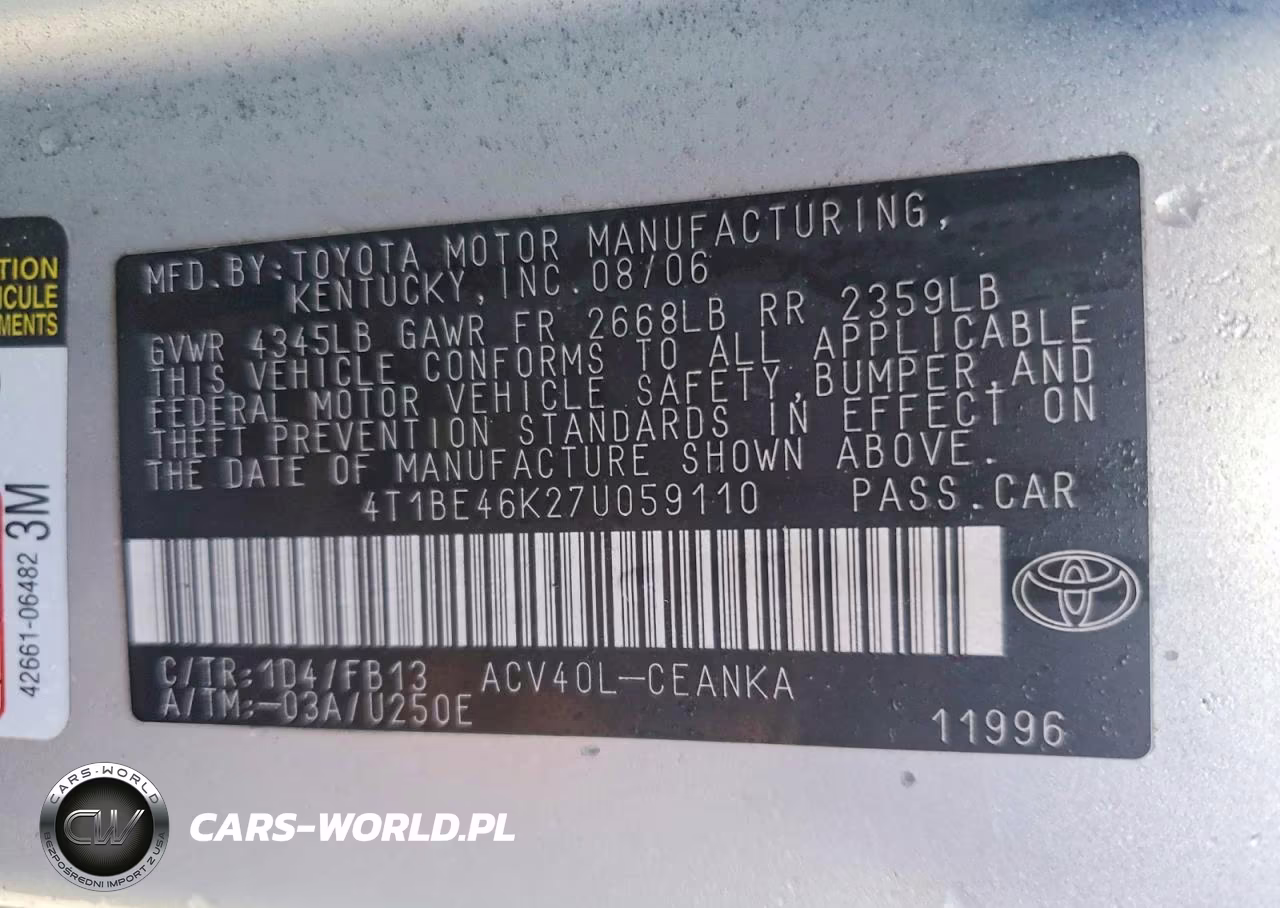 2007 Toyota Camry Le VIN:4T1BE46K27U059110 - 13