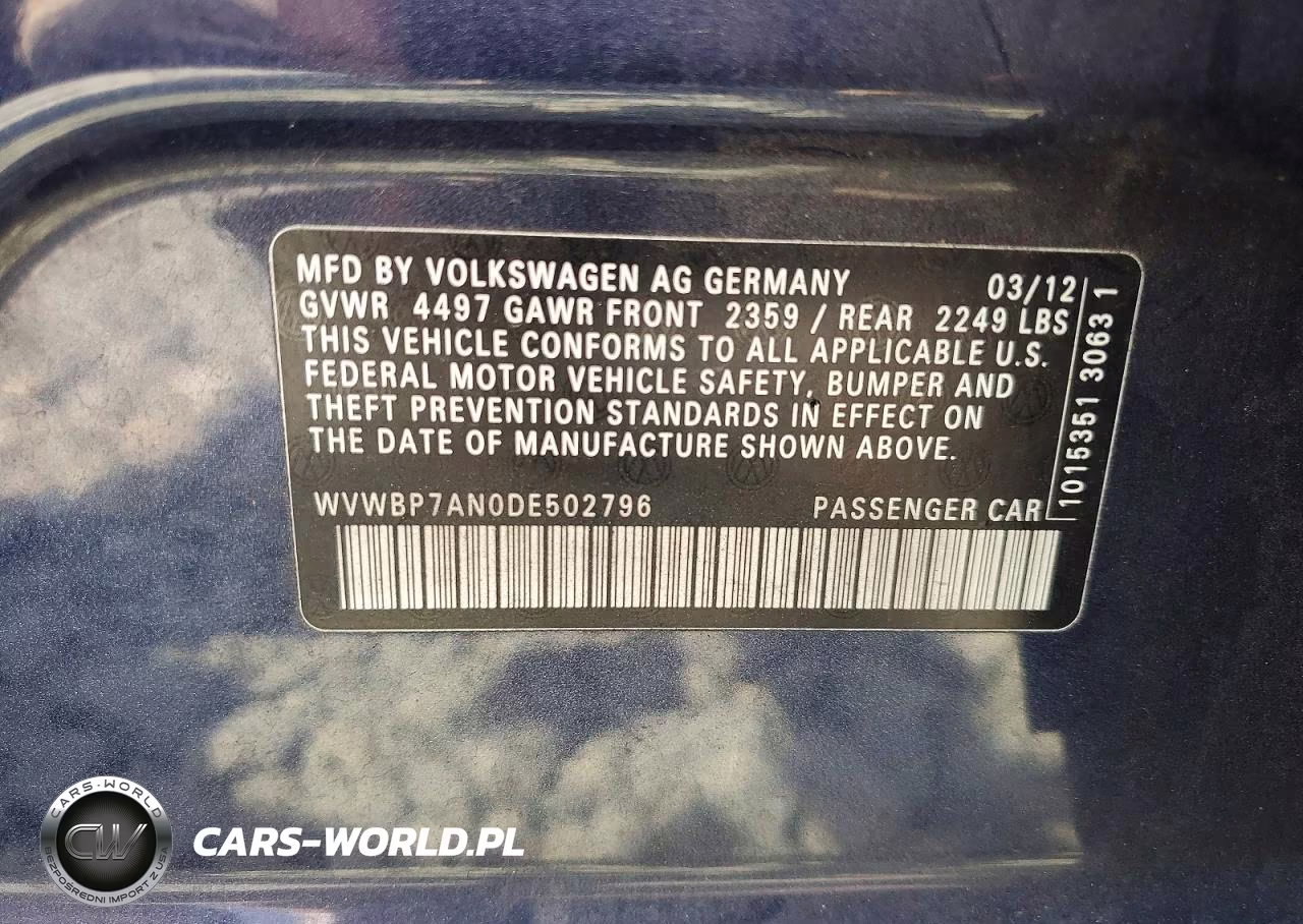 2013 Volkswagen Cc Sport VIN:WVWBP7AN0DE502796 - 12
