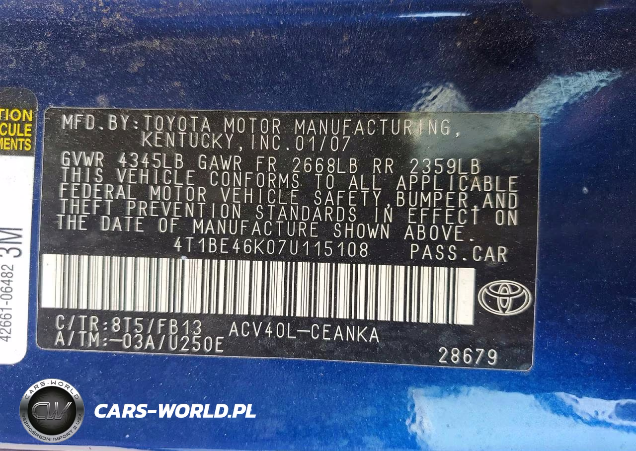 2007 Toyota Camry Le VIN:4T1BE46K07U115108 - 12