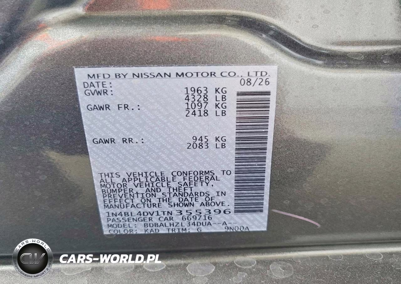 2026 Nissan Altima Sv VIN:1N4BL4DV1TN355396 - 12