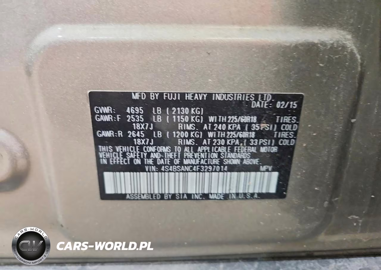 2015 Subaru Outback 2.5I Limited VIN:4S4BSANC4F3297014 - 12