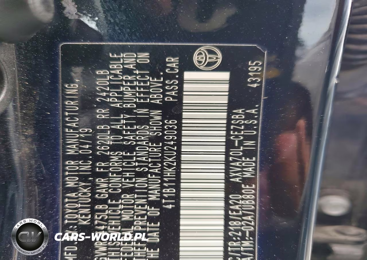2019 TOYOTA CAMRY L VIN:4T1B11HK2KU249036 - 12