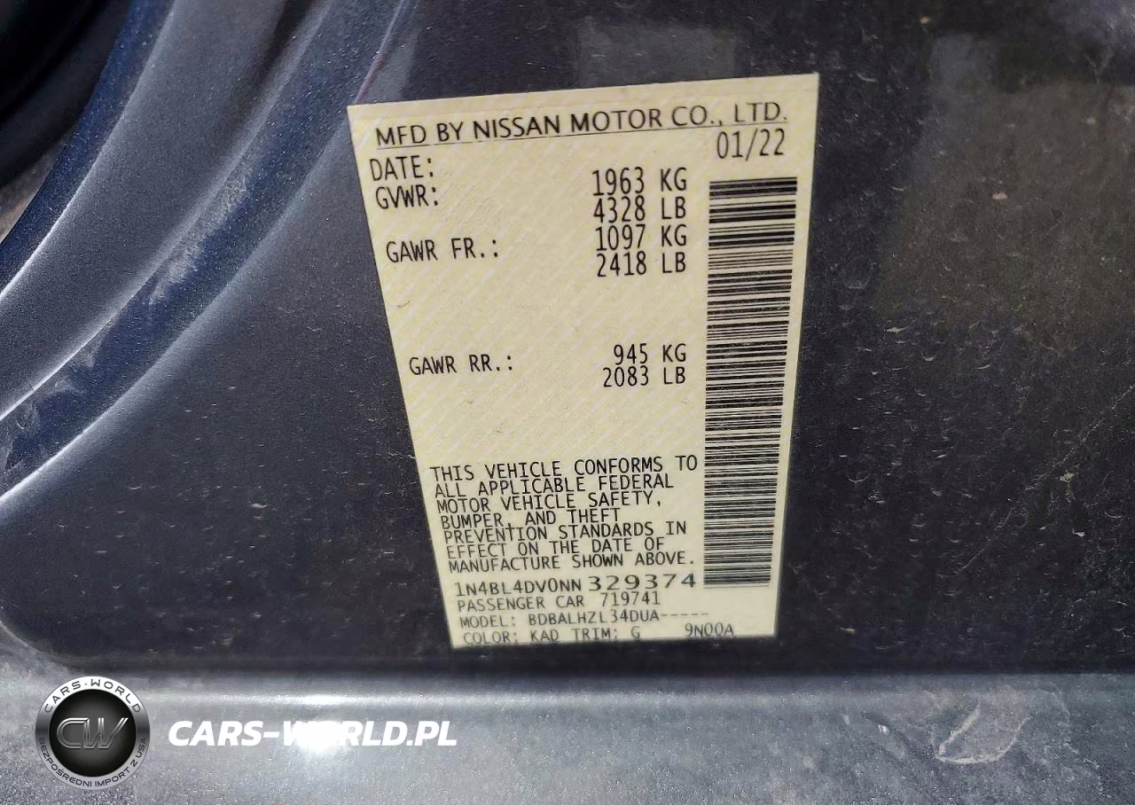 2022 Nissan Altima Sv VIN:1N4BL4DV0NN329374 - 12