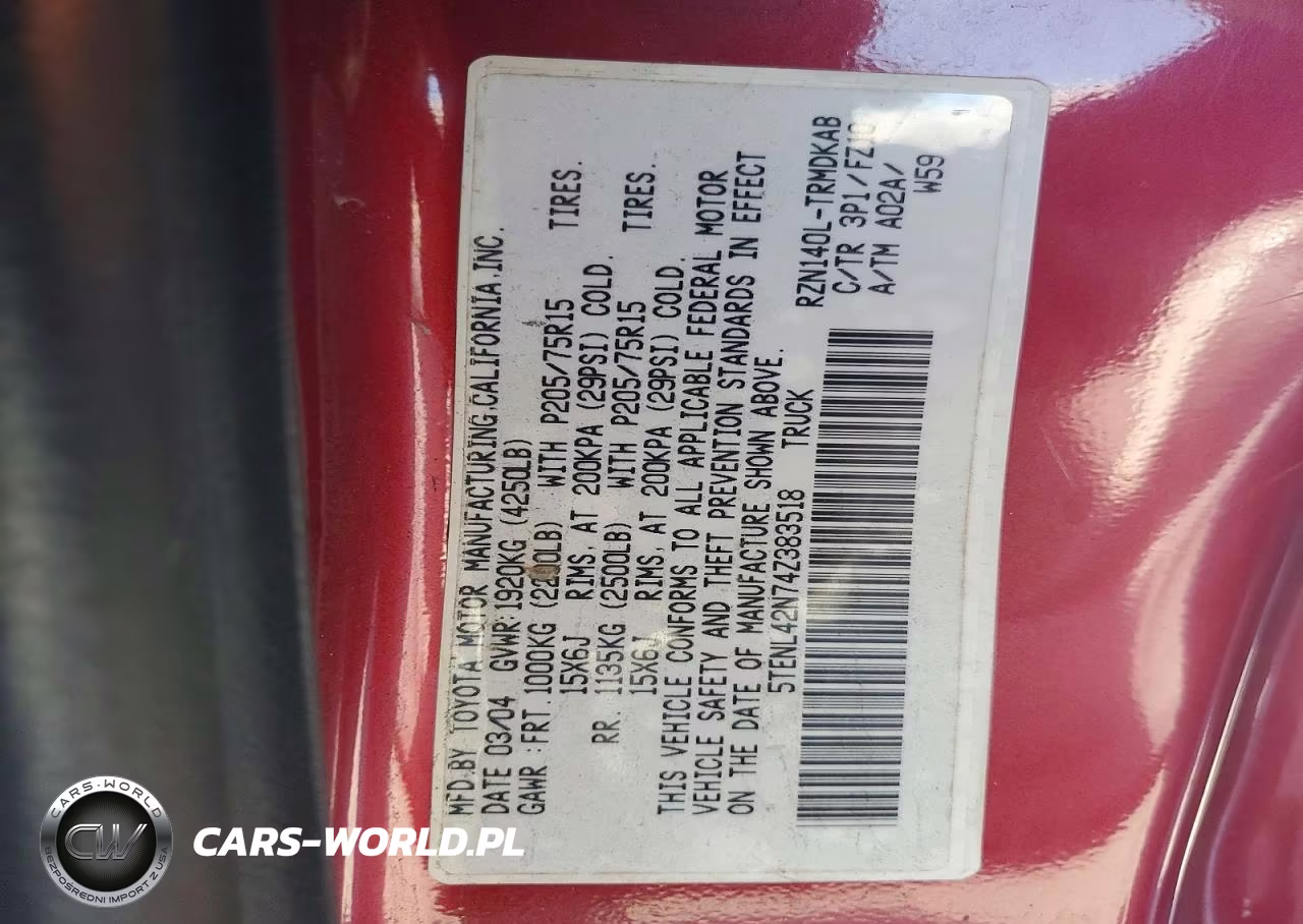 2004 Toyota Tacoma Base VIN:5TENL42N74Z383518 - 12
