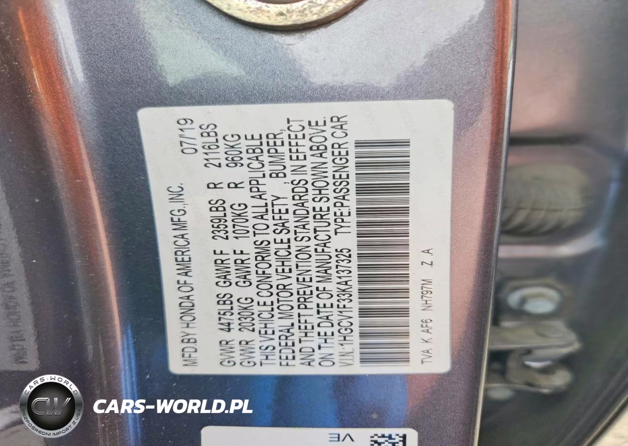 2019 Honda Accord Sport VIN:1HGCV1F33KA137325 - 12