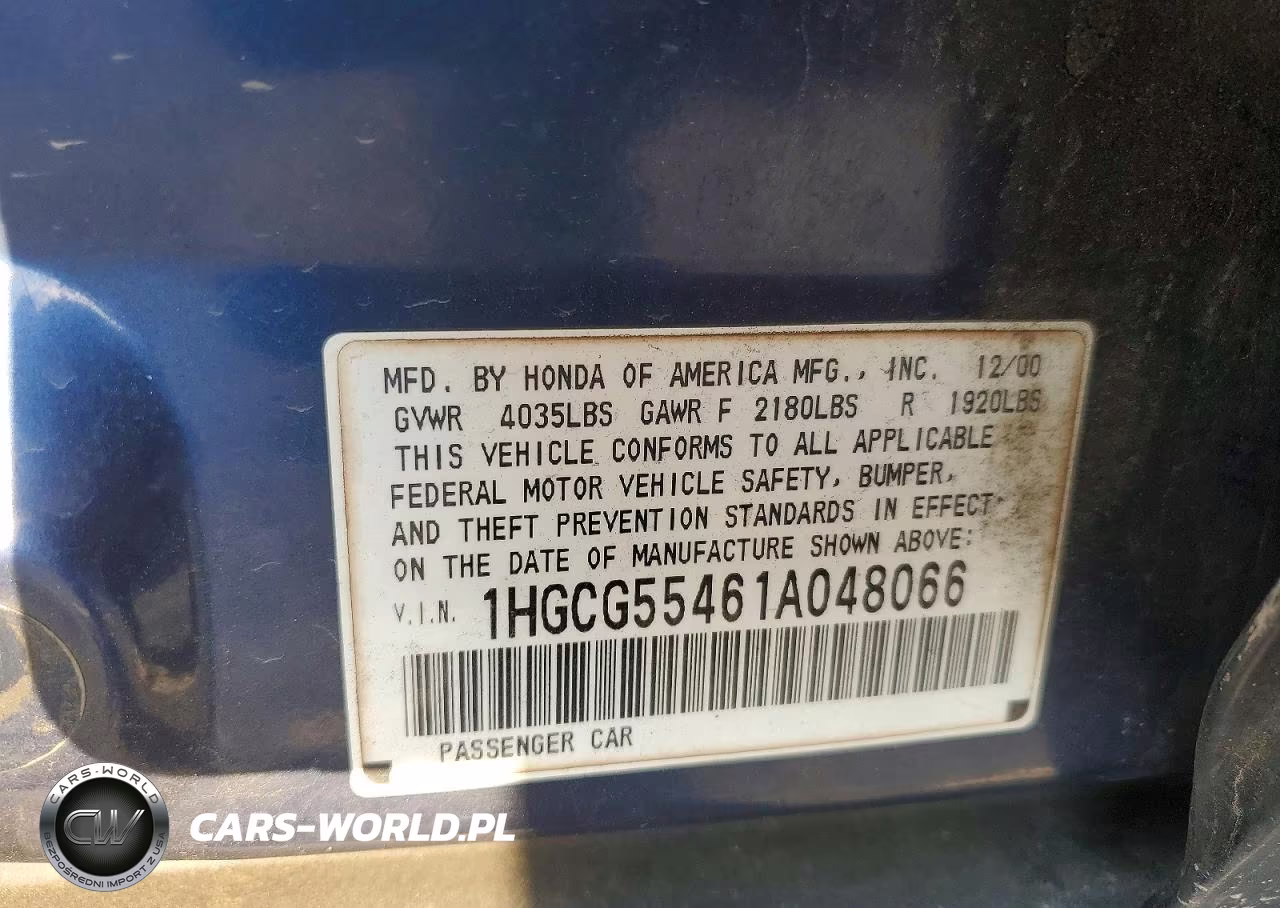2001 Honda Accord Lx VIN:1HGCG55461A048066 - 12