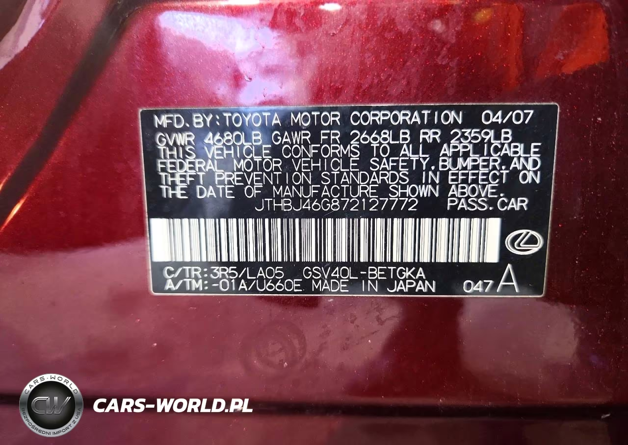 2007 Lexus Es 350 VIN:JTHBJ46G872127772 - 12