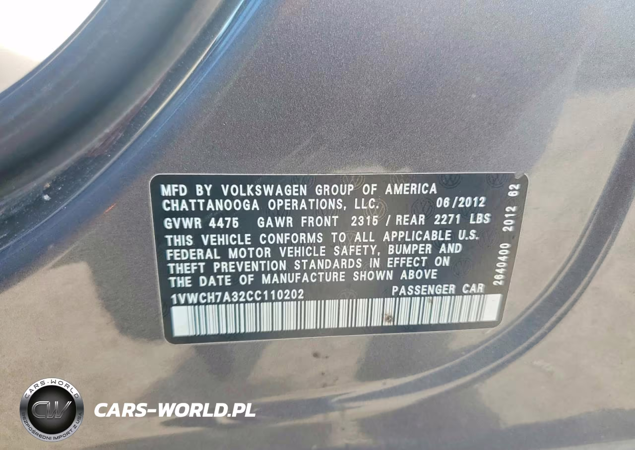 2012 Volkswagen Passat Sel VIN:1VWCH7A32CC110202 - 12
