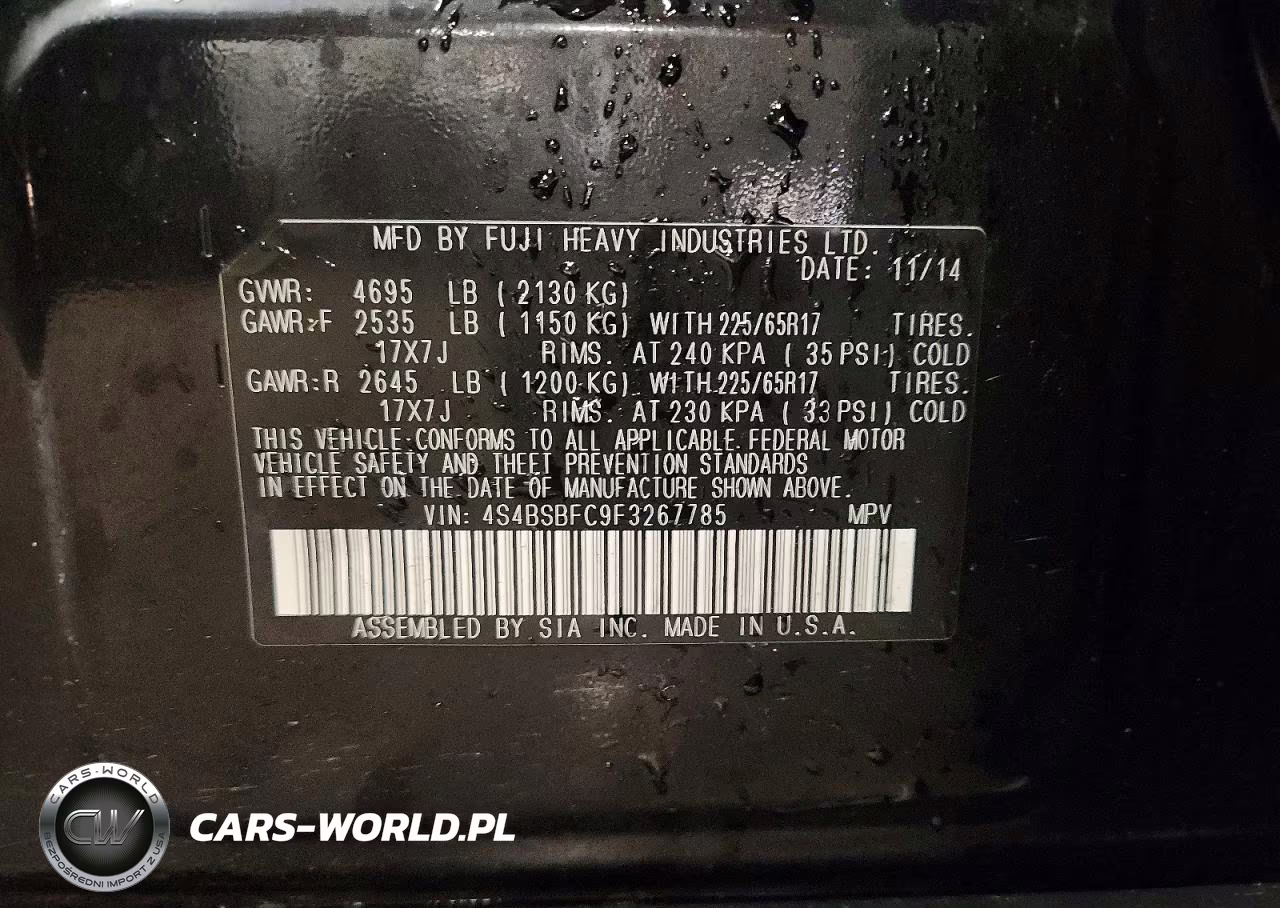 2015 Subaru Outback 2.5I Premium VIN:4S4BSBFC9F3267785 - 13