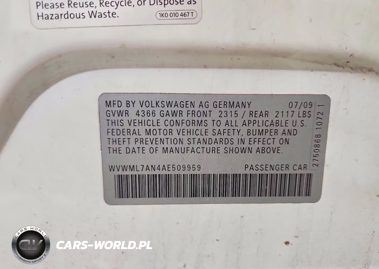 2010 Volkswagen Cc Sport VIN:WVWML7AN4AE509959 - 12