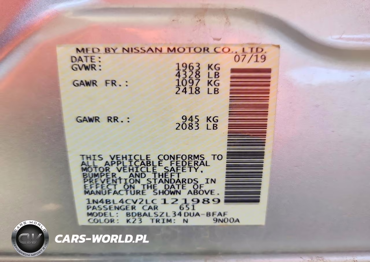 2020 Nissan Altima Sr VIN:1N4BL4CV2LC121989 - 12