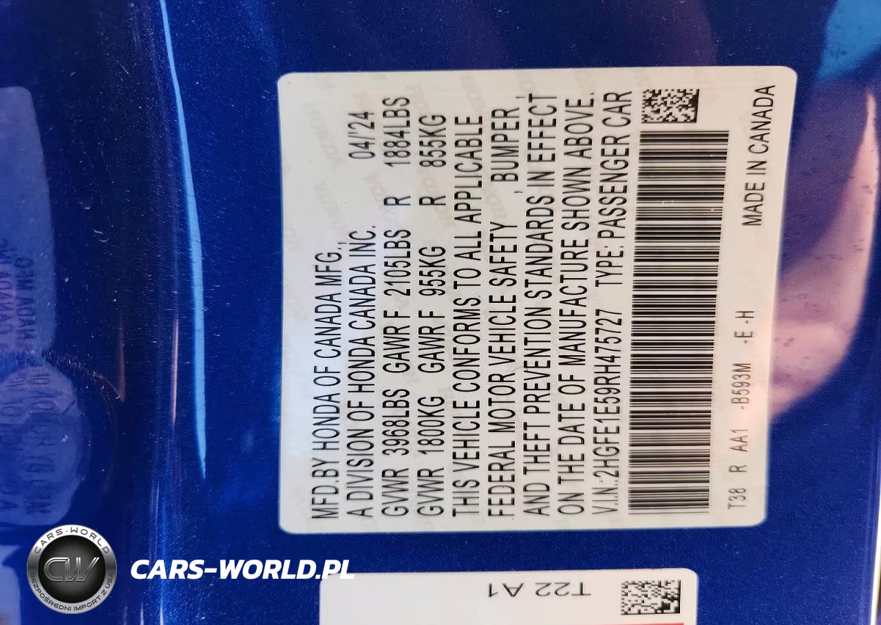 2024 Honda Civic Si VIN:2HGFE1E59RH475727 - 12