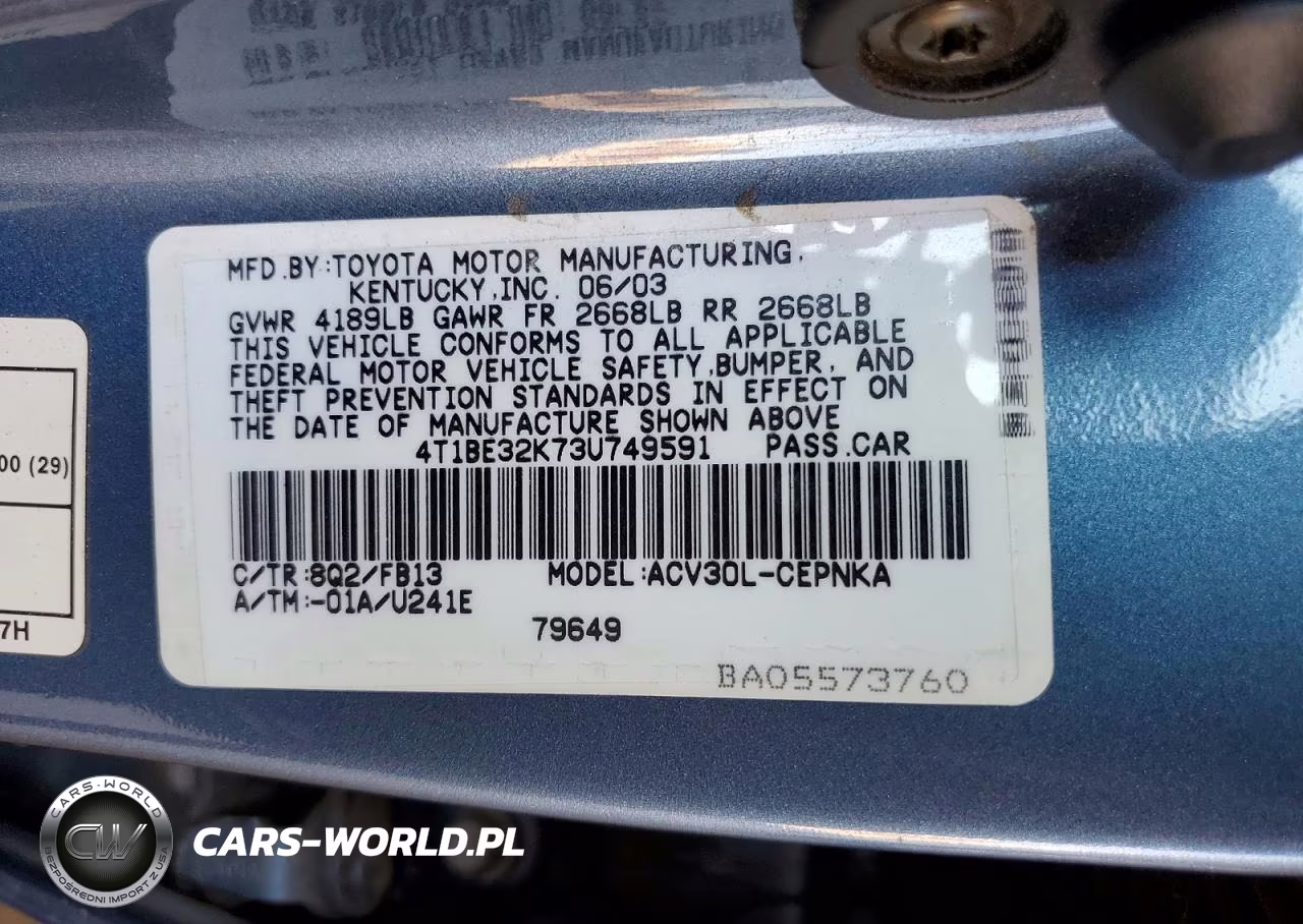 2003 Toyota Camry Le VIN:4T1BE32K73U749591 - 12