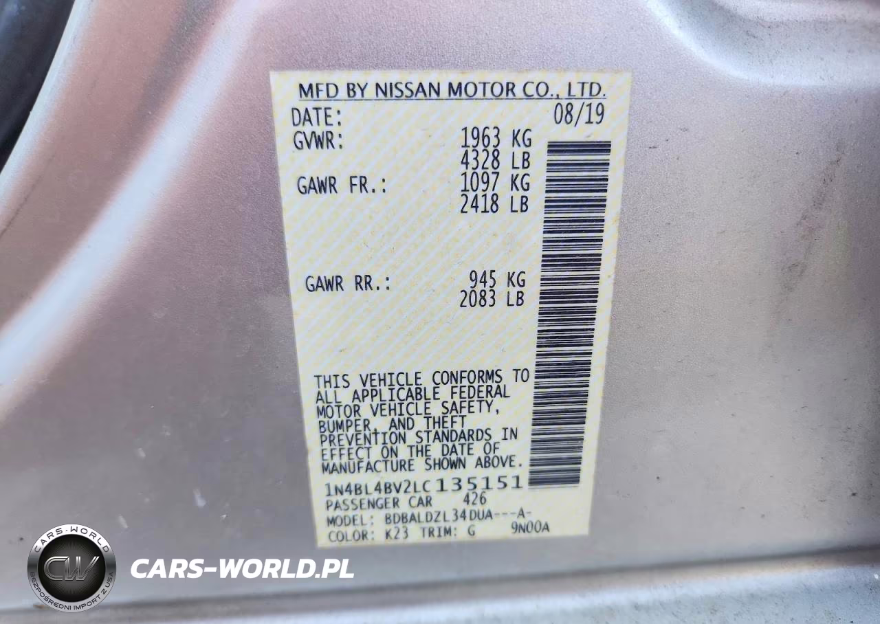 2020 Nissan Altima S VIN:1N4BL4BV2LC135151 - 12