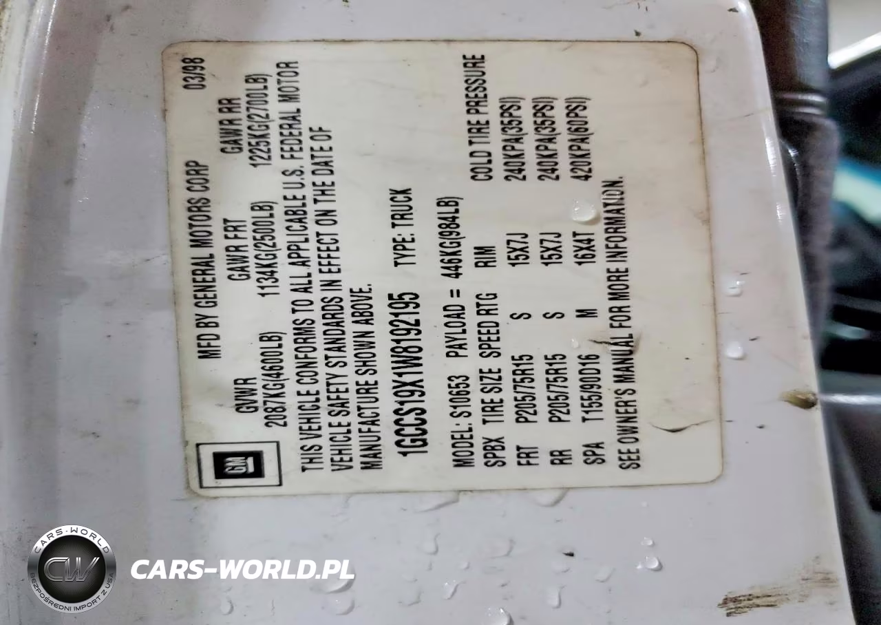 1998 Chevrolet S Truck S10 VIN:1GCCS19X1W8192195 - 12