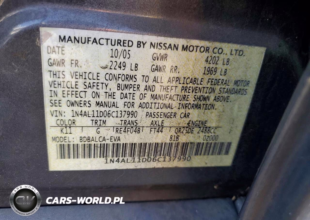 2006 Nissan Altima 2.5 VIN:1N4AL11D06C137990 - 12