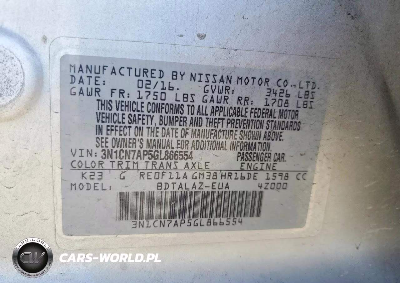 2016 Nissan Versa 1.6 S Plus VIN:3N1CN7AP5GL866554 - 12