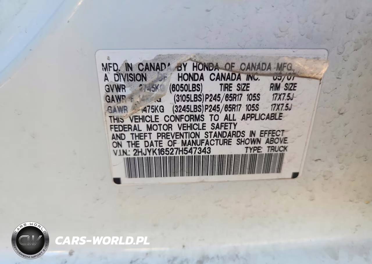 2007 Honda Ridgeline Rtl VIN:2HJYK16527H547343 - 12