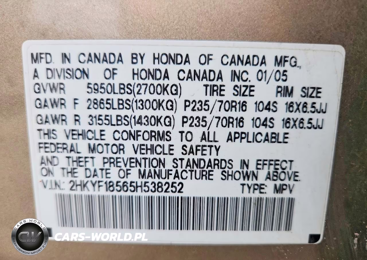2005 Honda Pilot Exl VIN:2HKYF18565H538252 - 13