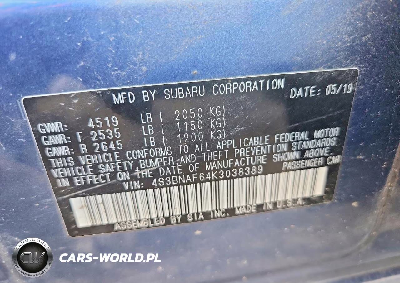 2019 Subaru Legacy 2.5I Premium VIN:4S3BNAF64K3038389 - 12