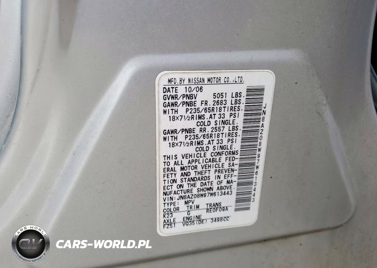 2007 Nissan Murano S VIN:JN8AZ08W97W613443 - 14