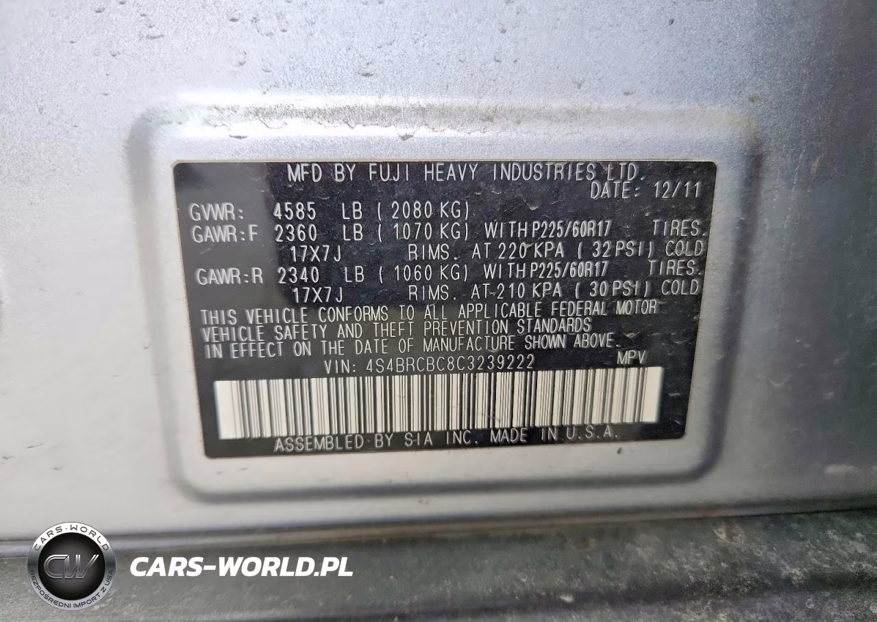 2012 Subaru Outback 2.5I Premium VIN:4S4BRCBC8C3239222 - 12