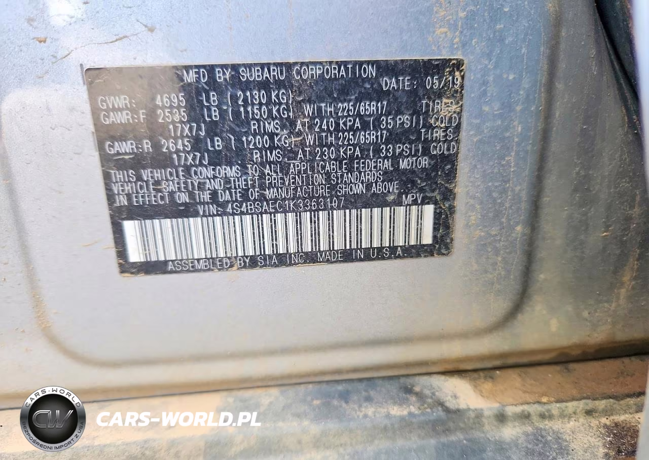 2019 Subaru Outback 2.5I Premium VIN:4S4BSAFC1K3363107 - 12