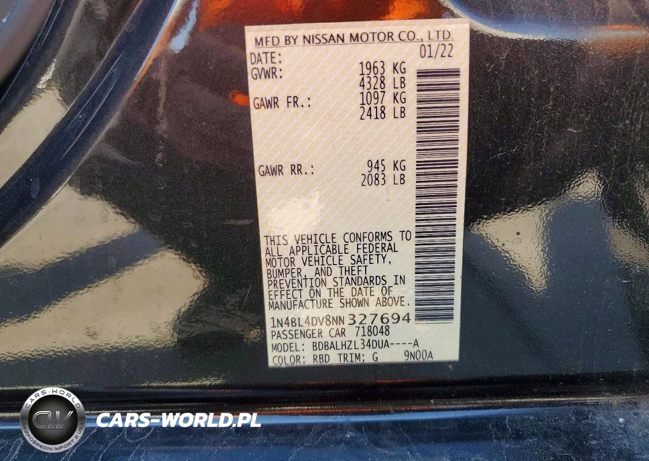 2022 Nissan Altima Sv VIN:1N4BL4DV8NN327694 - 12