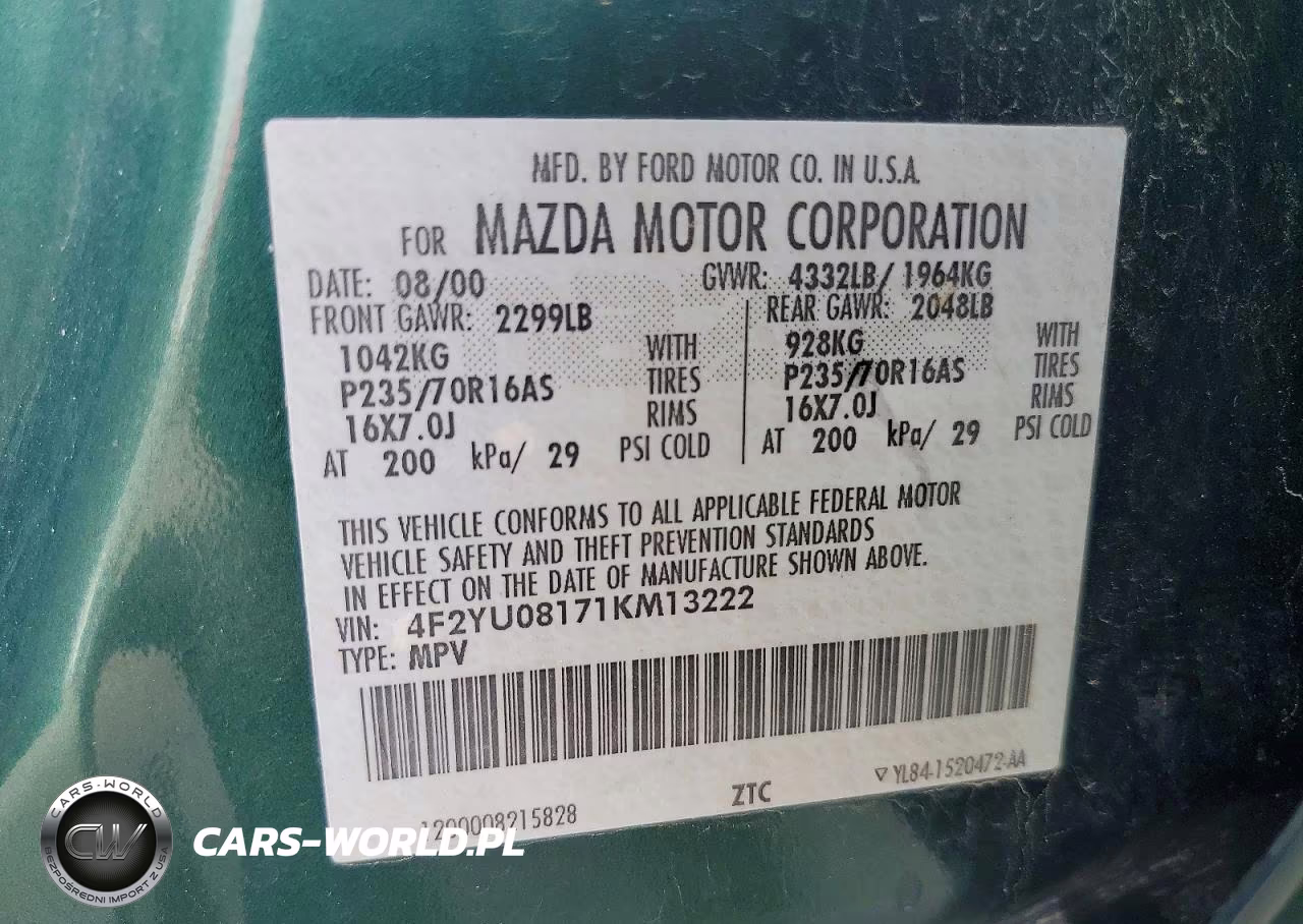 2001 Mazda Tribute Lx VIN:4F2YU08171KM13222 - 13