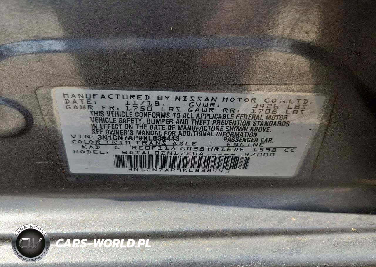 2019 Nissan Versa Sv VIN:3N1CN7AP9KL838443 - 12