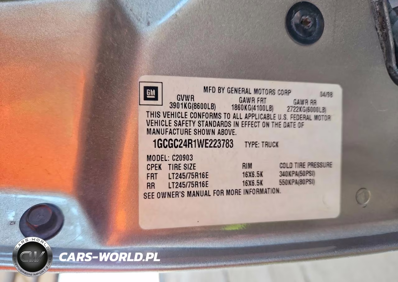 1998 Chevrolet Gmt-400 C2500 VIN:1GCGC24R1WE223783 - 12