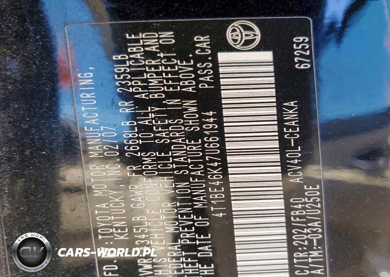 2007 Toyota Camry Ce VIN:4T1BE46K47U661944 - 12