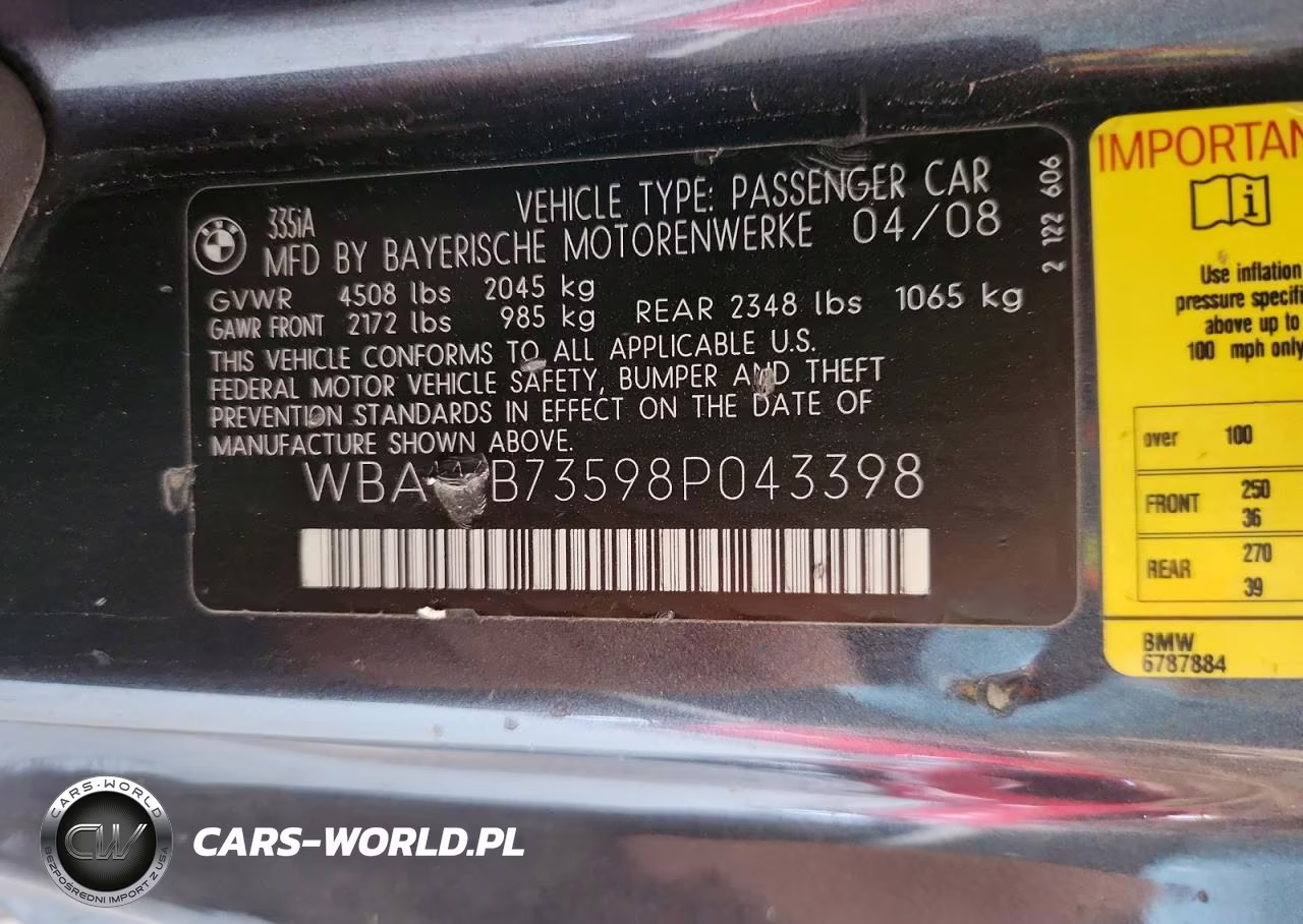 2008 BMW 335 I VIN:WBAWB73598P043398 - 13