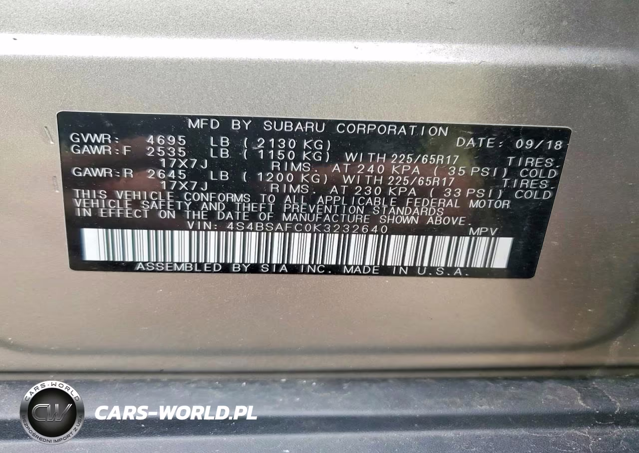 2019 Subaru Outback 2.5I Premium VIN:4S4BSAFC0K3232640 - 13
