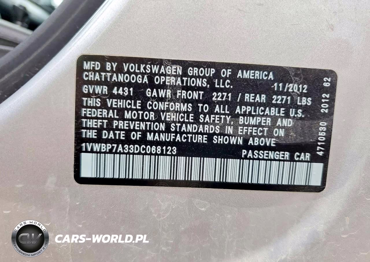 2013 Volkswagen Passat Se VIN:1VWBP7A33DC068123 - 12