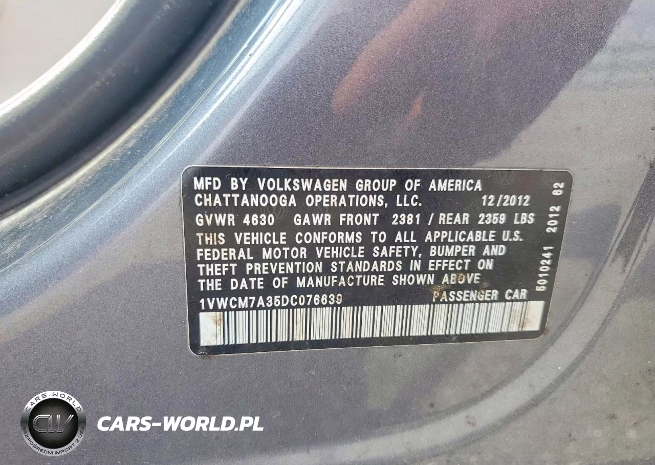 2013 Volkswagen Passat Sel VIN:1VWCM7A35DC076639 - 12