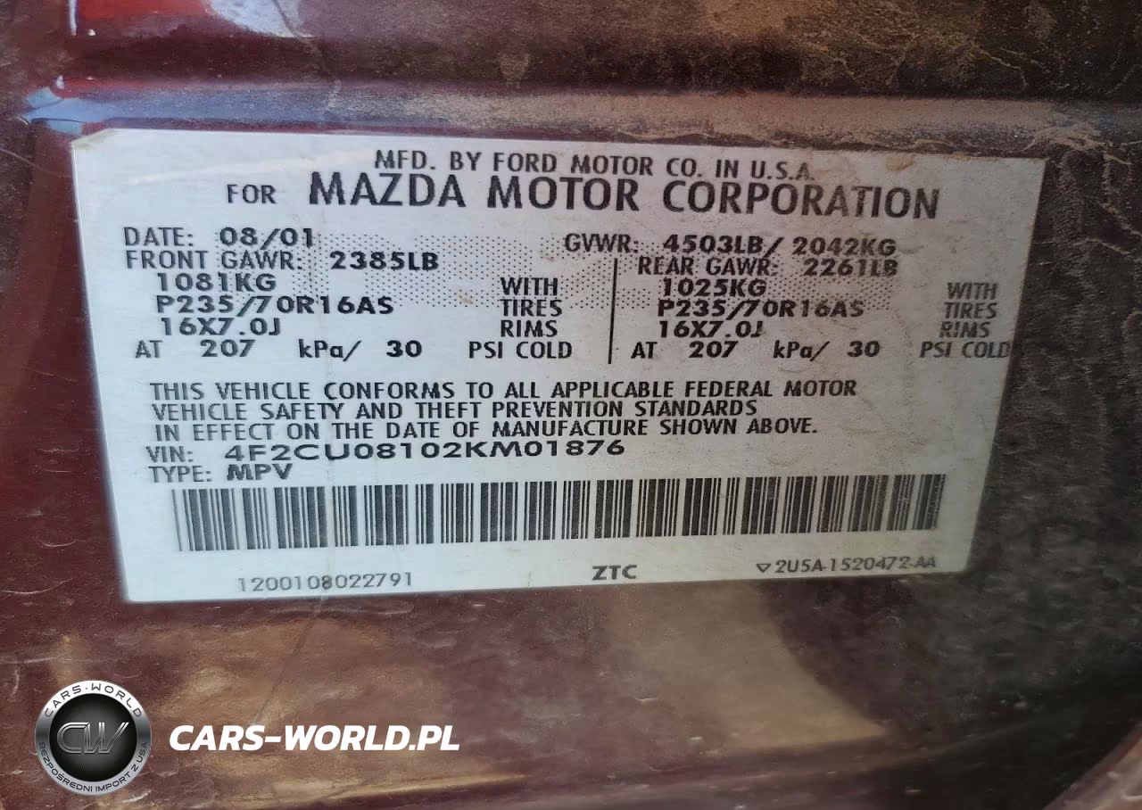 2002 Mazda Tribute Lx VIN:4F2CU08102KM01876 - 13