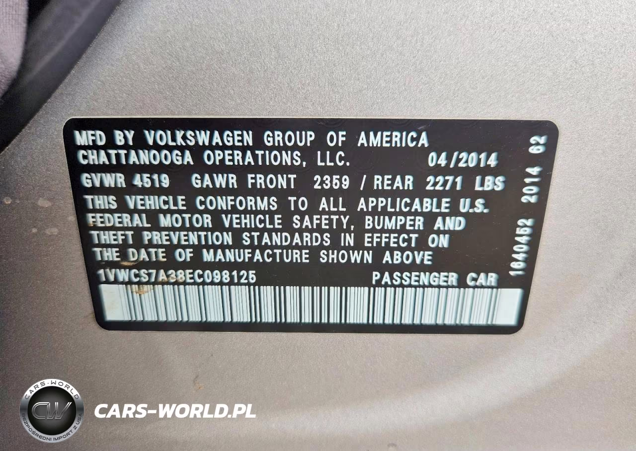 2014 Volkswagen Passat Sel VIN:1VWCS7A38EC098125 - 13