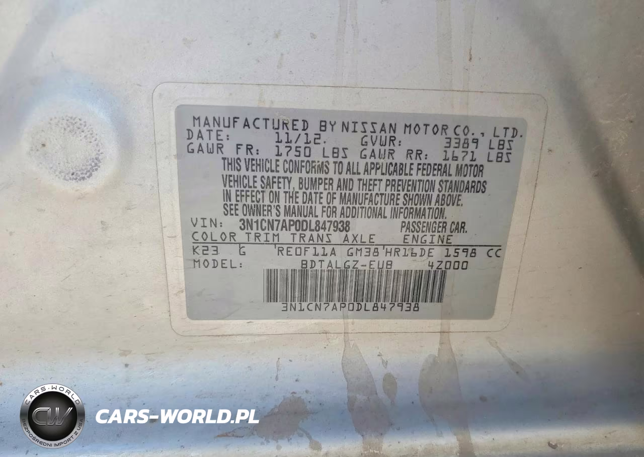 2013 Nissan Versa 1.6 S VIN:3N1CN7AP0DL847938 - 12