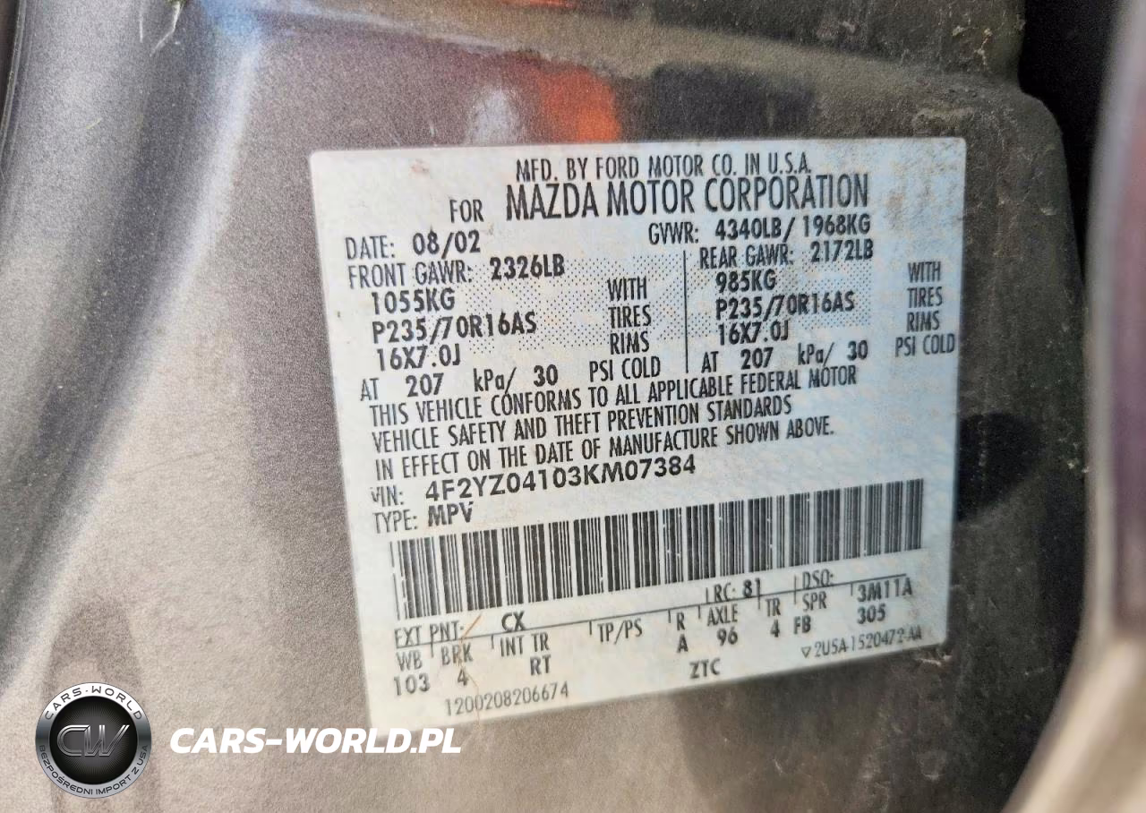 2003 Mazda Tribute Lx VIN:4F2YZ04103KM07384 - 12