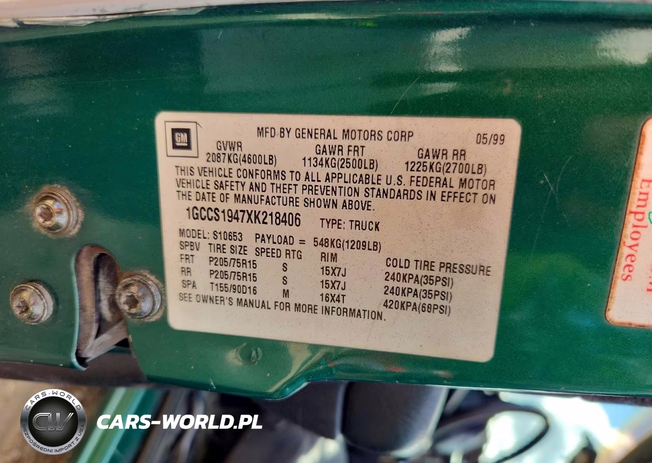 1999 Chevrolet S Truck S10 VIN:1GCCS1947XK218406 - 12