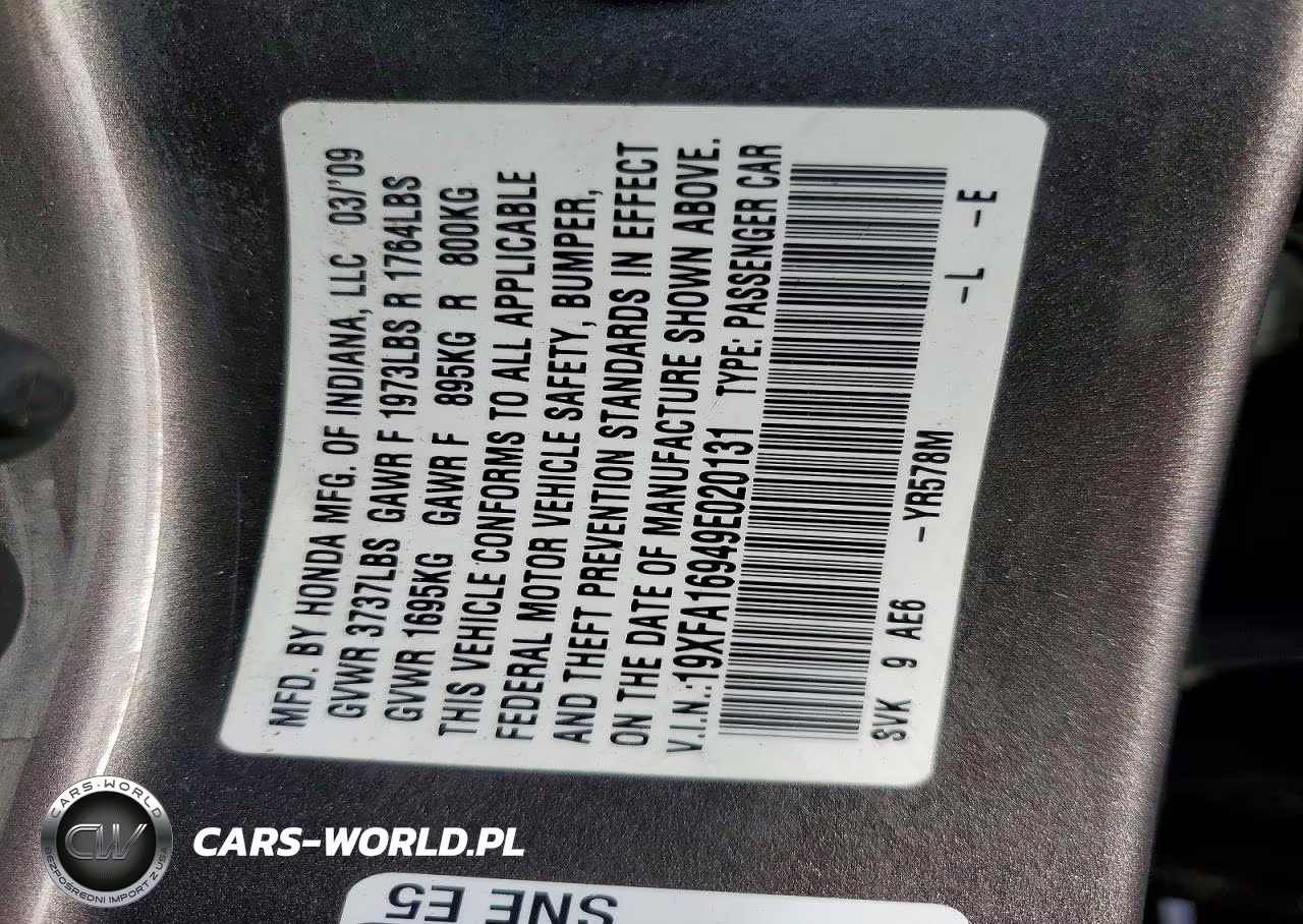 2009 Honda Civic Exl VIN:19XFA16949E020131 - 12