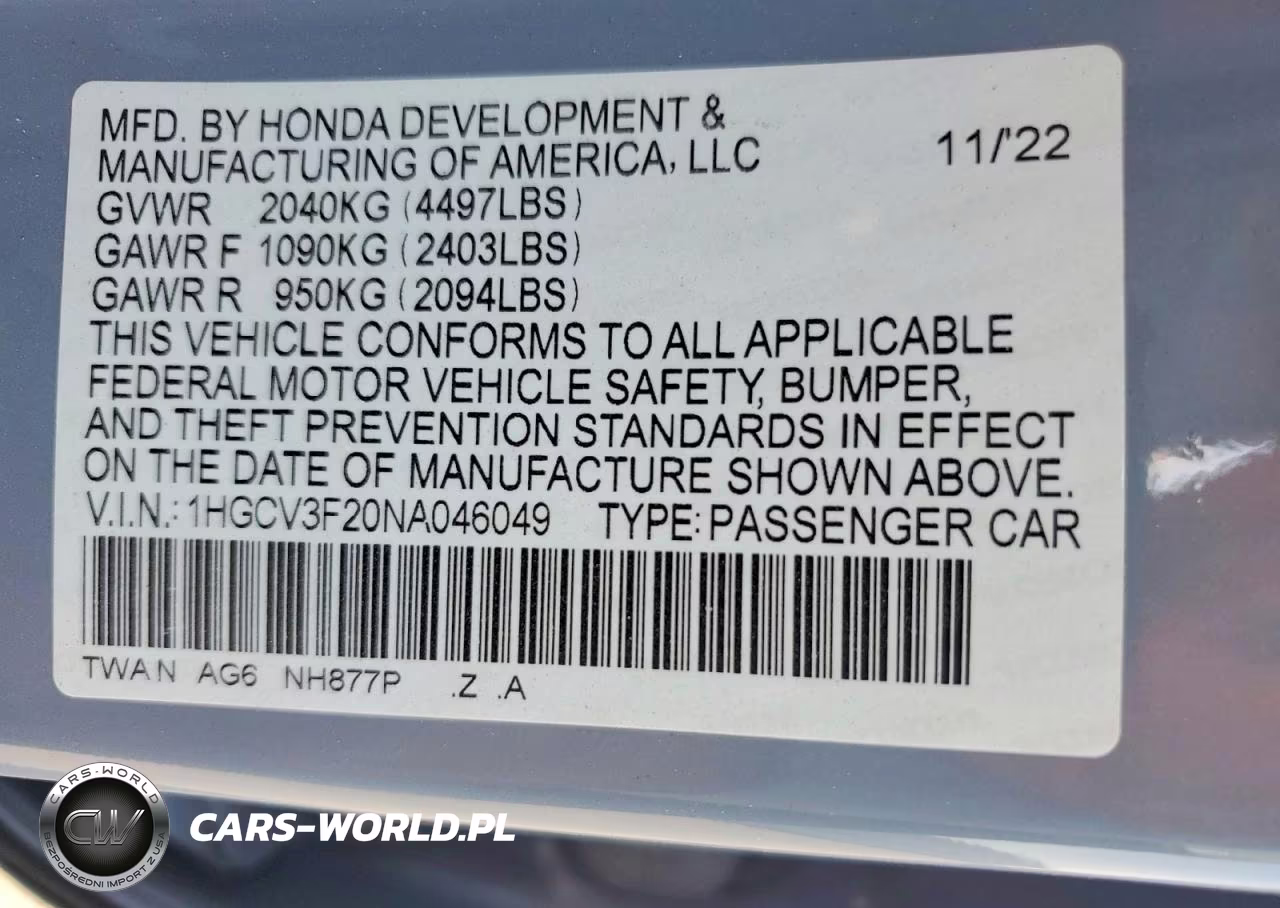 2022 Honda Accord Hybrid Sport VIN:1HGCV3F20NA046049 - 12