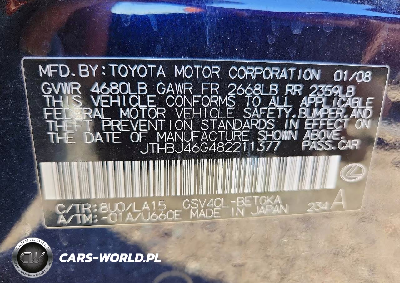 2008 Lexus Es 350 VIN:JTHBJ46G482211377 - 13