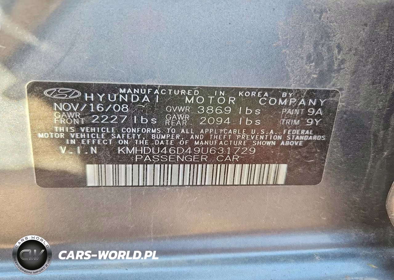 2009 Hyundai Elantra Se VIN:KMHDU46D49U631729 - 12